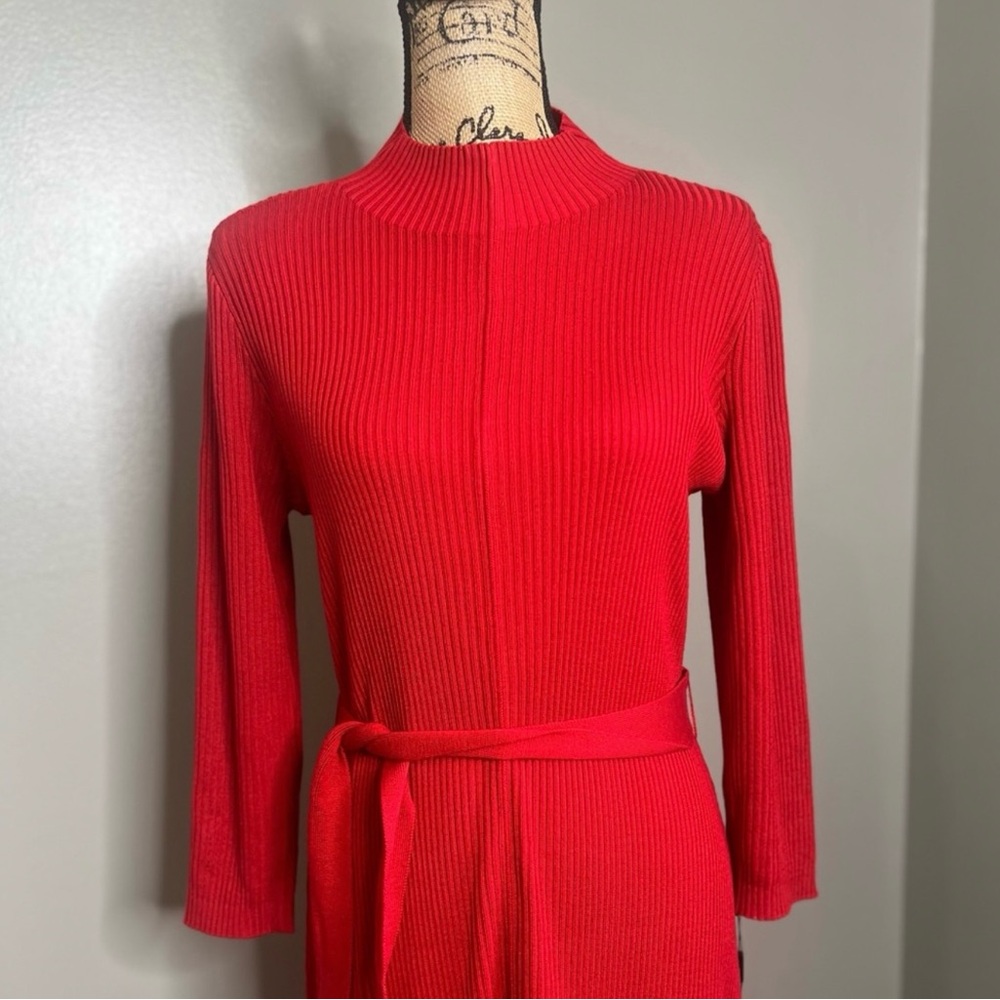 Calvin Klein dress red mock neck ribbed belted maxi size large holiday party